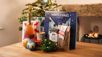 Selection of ethical gifts in front of Christmas tree